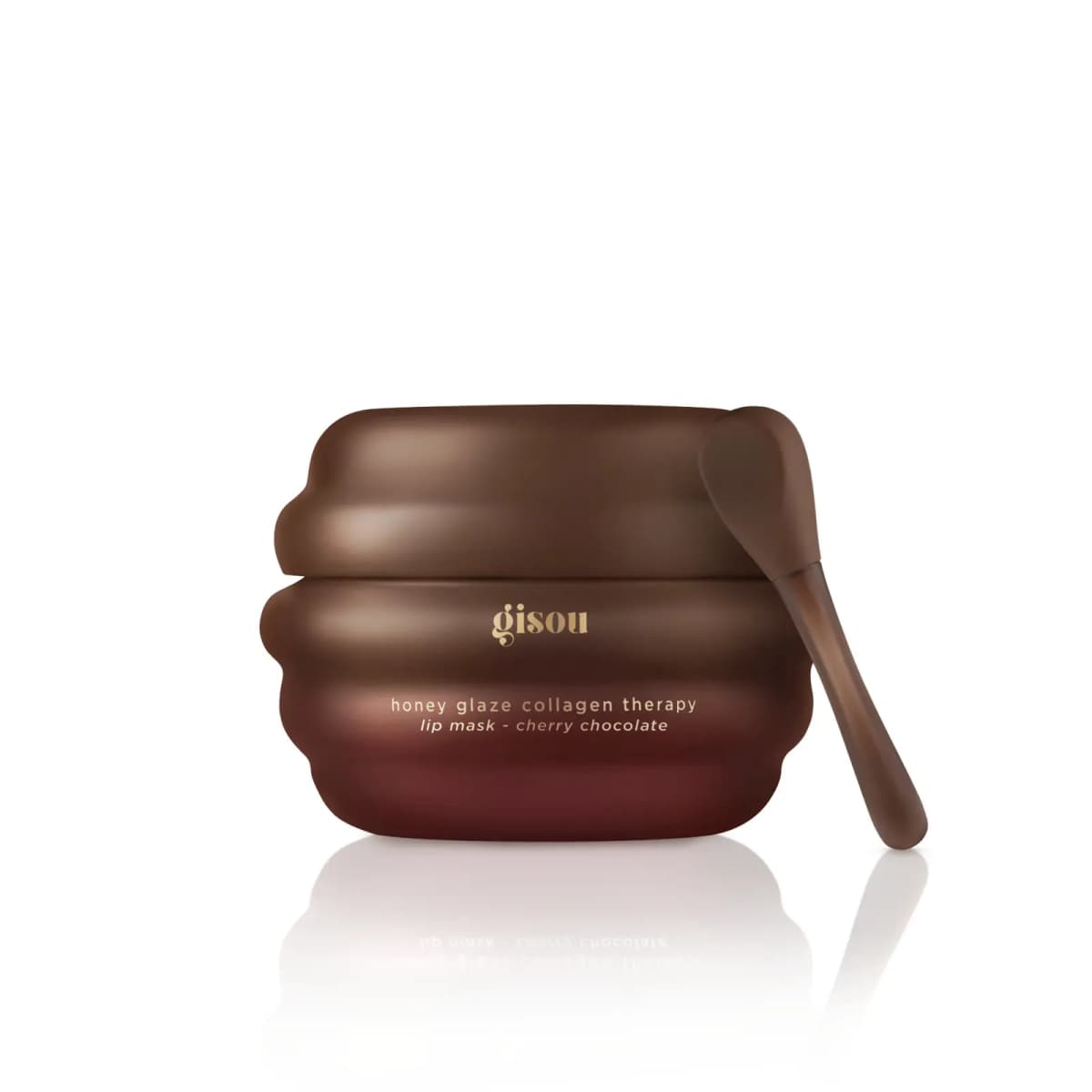 Brown ribbed honey glaze collagen therapy lip mask jar with gold lettering and spatula, cherry chocolate, on white