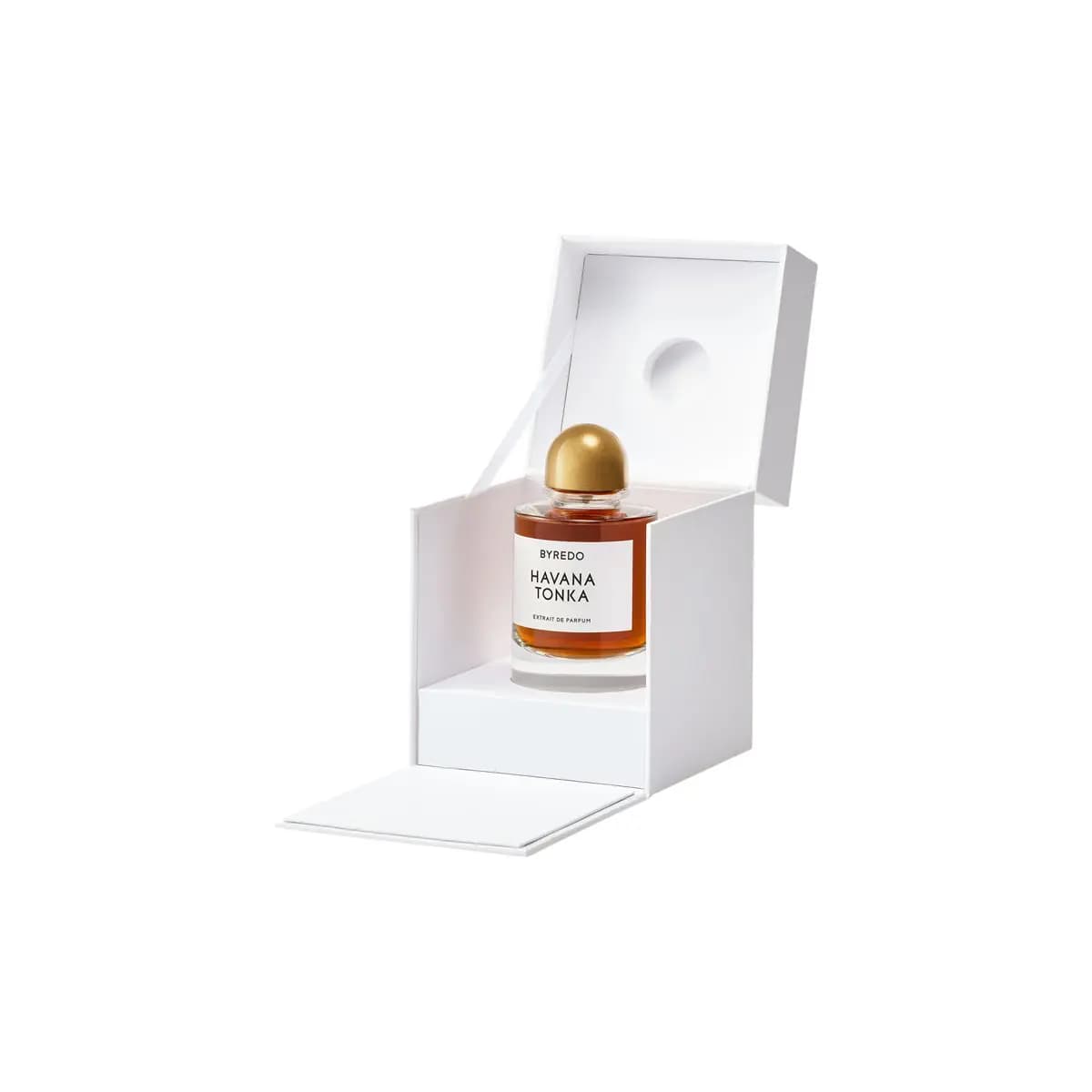Havana Tonka bottle in an open white Byredo gift box with lid raised and front flap folded down