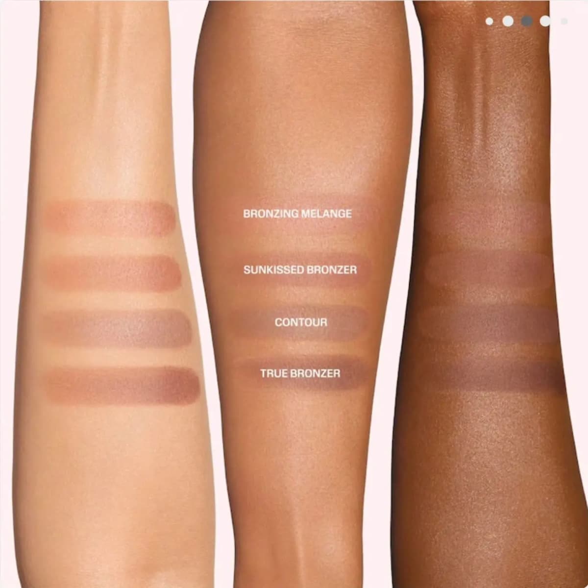 Four labeled swatches on light, tan and deep arms: Bronzing Melange, Sunkissed Bronzer, Contour, True Bronzer.