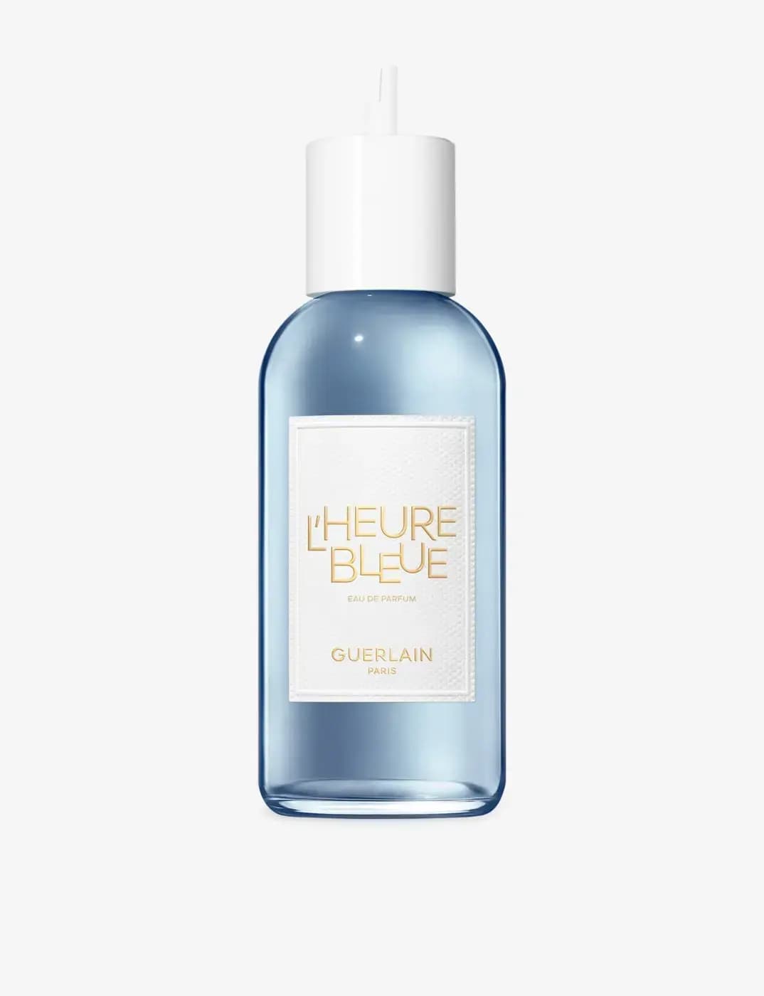 Pale blue L'Heure Bleue Eau de Parfum refill bottle with white cap and textured white Guerlain Paris label.