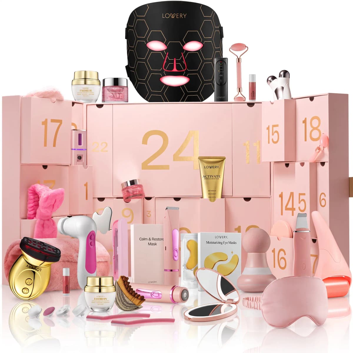 Open pink calendar drawers on white with LED face mask on top and tools, creams and eye patches spread in front