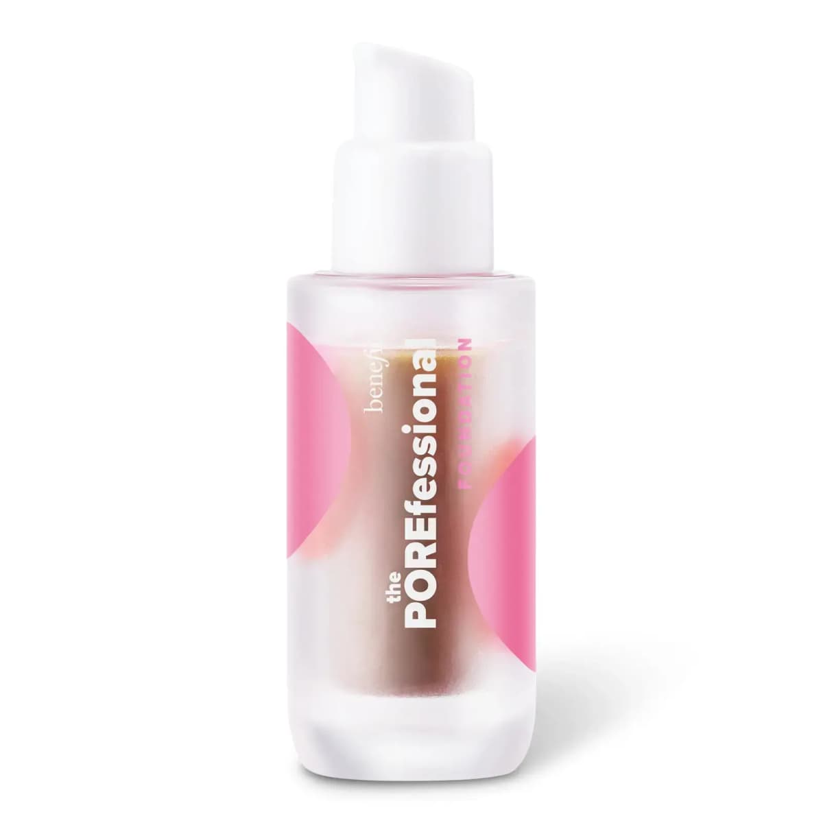 Mini Brands miniature replica of the frosted Benefit The POREfessional pump bottle with deep brown liquid and pink circle graphics