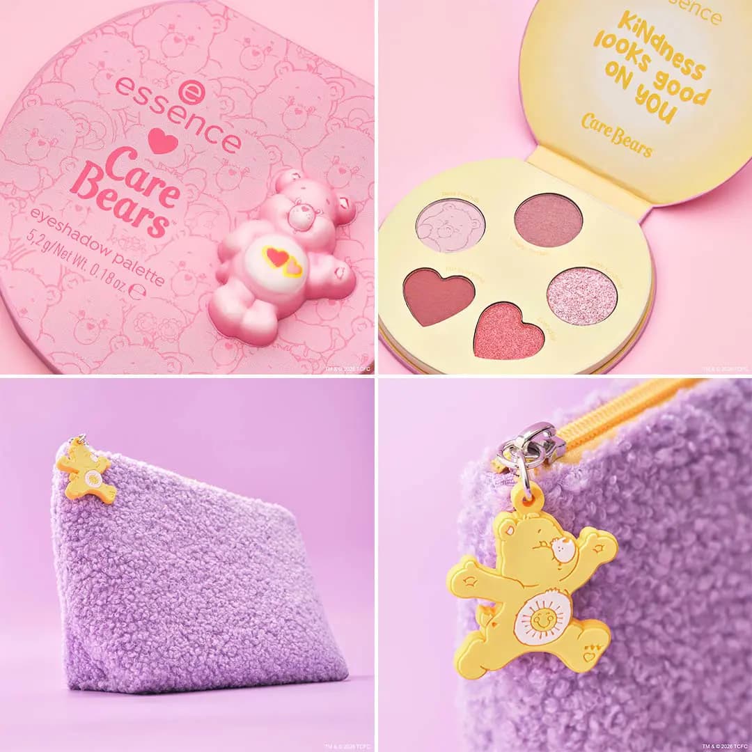 Close-ups of pink Care Bears eyeshadow palette with heart-shaped pans and a lilac fuzzy pouch with yellow bear zipper charm.
