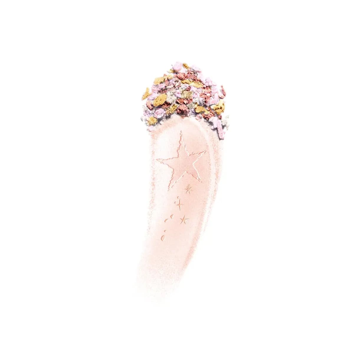 Crumbled pink, gold and rose powder above a sheer peachy-pink shimmer swatch embossed with a shooting star