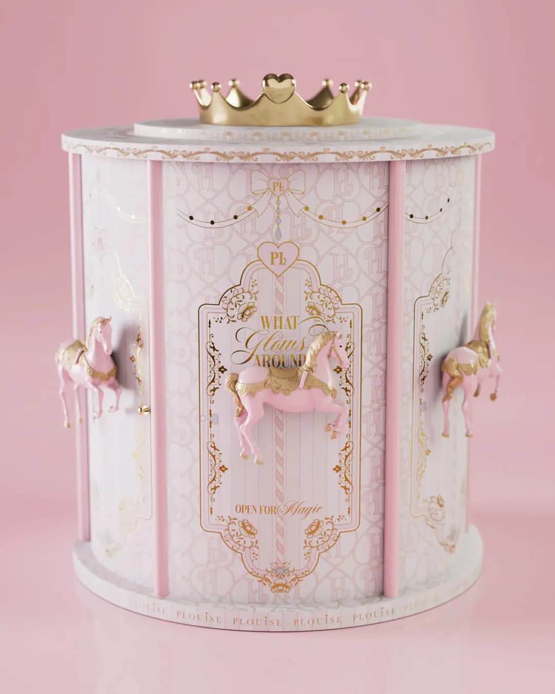 P.Louise What Glows Around 2026 Advent Calendar: pink and gold carousel with 3D horses and a gold crown