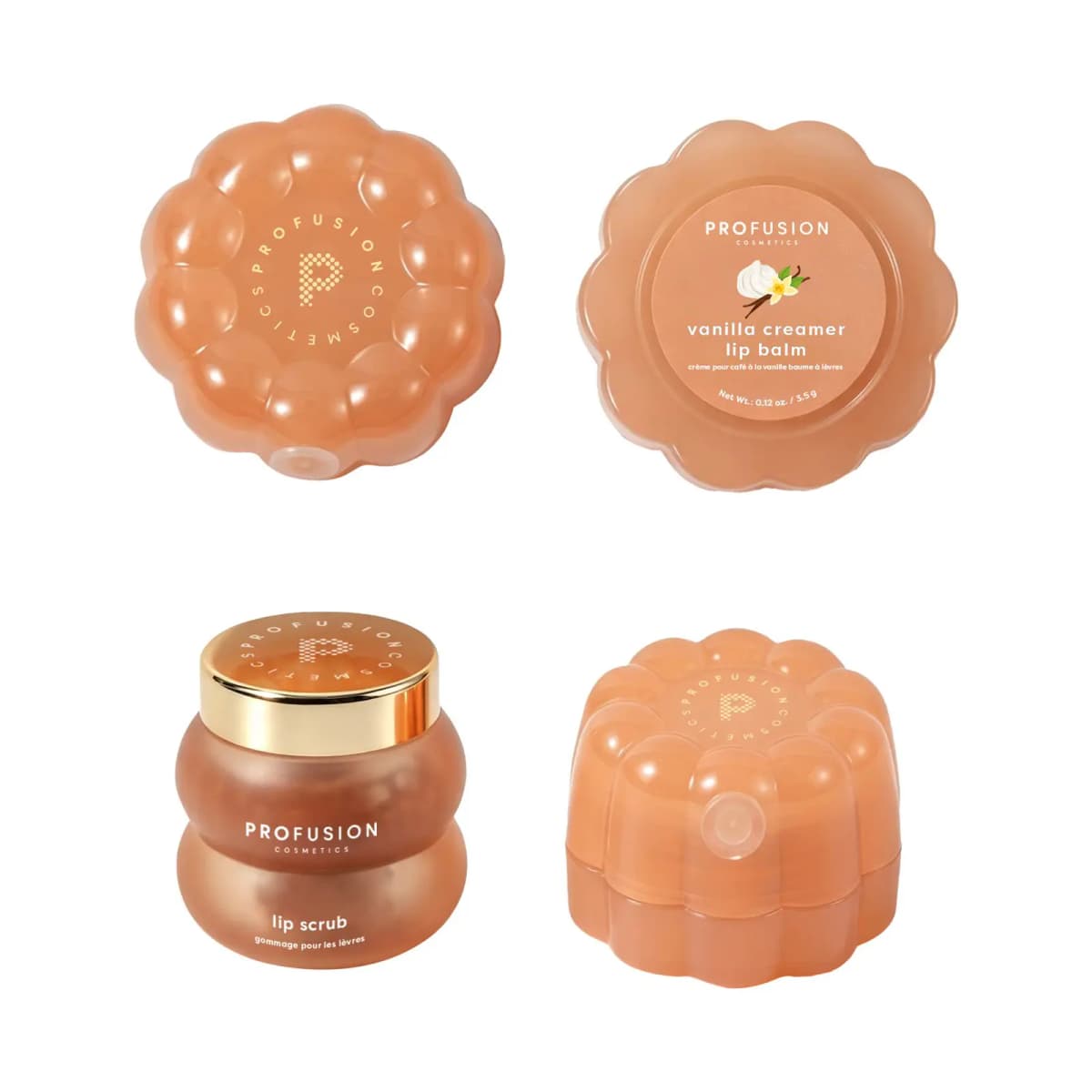 Scalloped peach vanilla creamer lip balm tins shown from several angles beside a gold-lidded lip scrub jar.