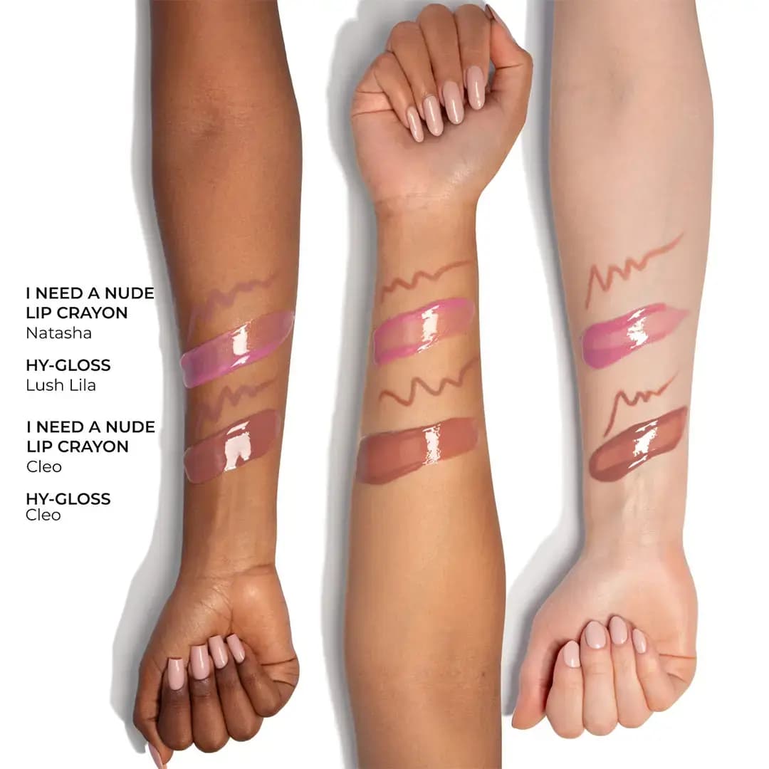 Three arms on light to deep skin showing Natasha and Cleo lip crayon lines and Lush Lila and Cleo gloss swatches.