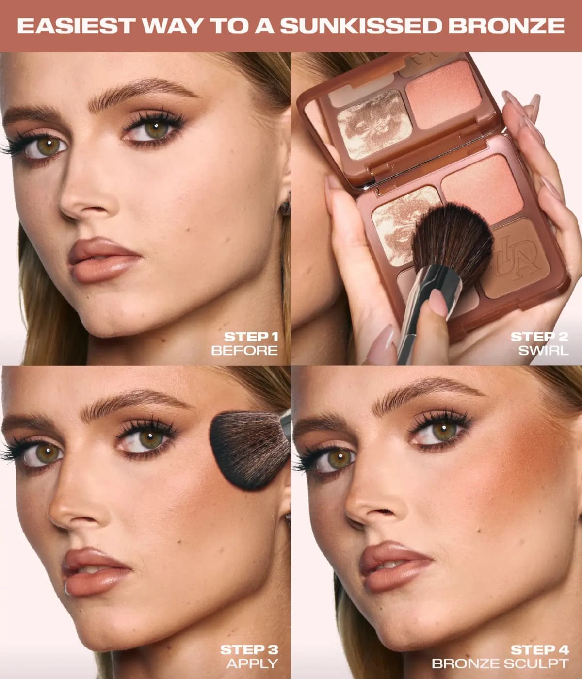 Four-step guide: bare face, brush swirled in the palette, bronzer applied, and finished warm sculpted cheek.