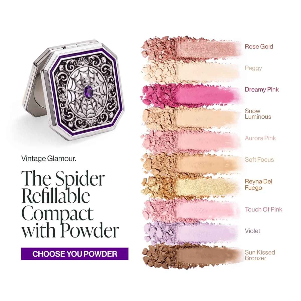 Spider compact beside swatches of 10 powder shades, from Rose Gold and Dreamy Pink to Violet and Sun Kissed Bronzer