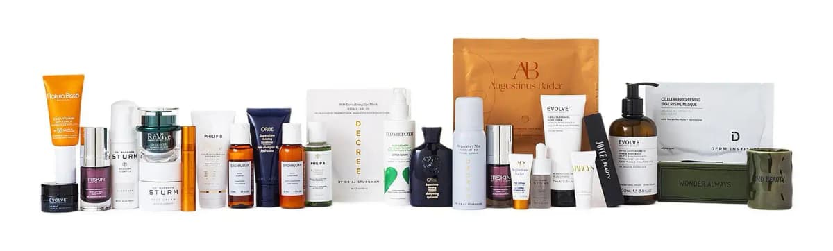 Full lineup of 26 skincare, hair care, mask and ceramic pieces from the calendar on a white background