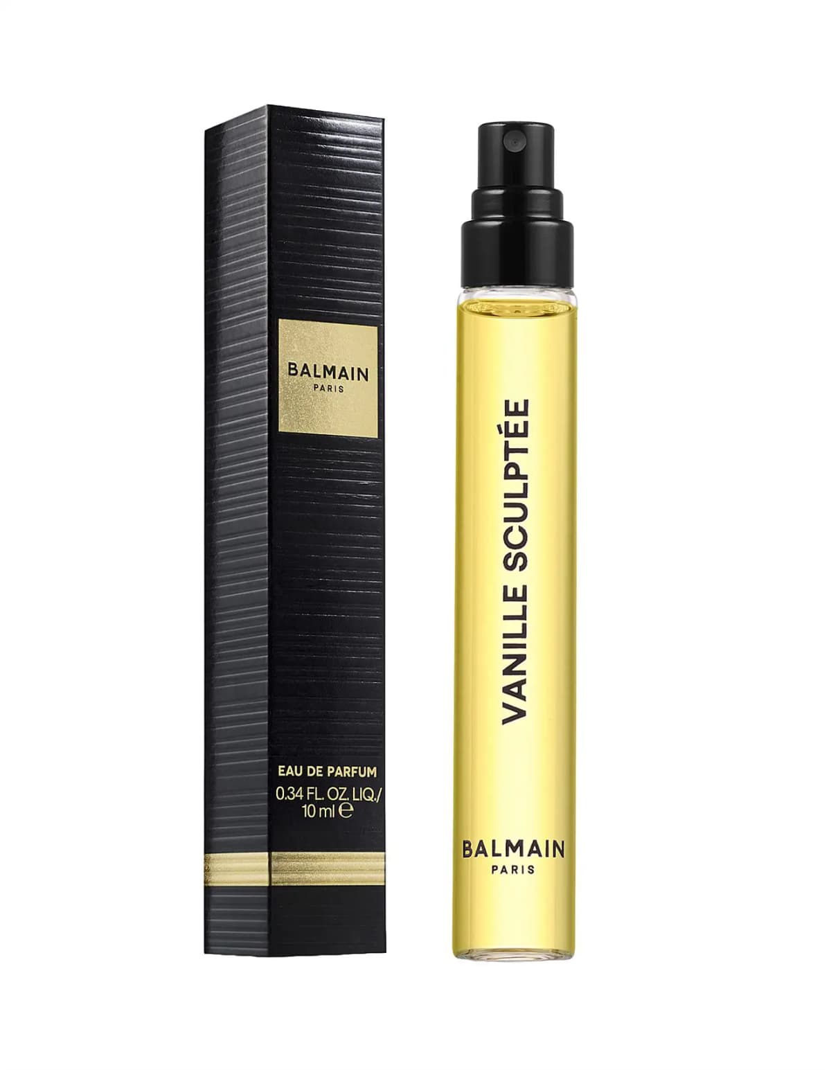Balmain Vanille Sculptée 10ml travel spray beside its black and gold ribbed box
