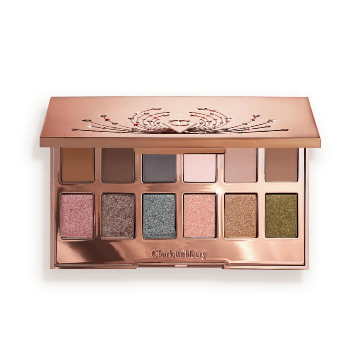 Rose-gold Charlotte Tilbury 12-pan eyeshadow palette with matte neutrals and shimmering pink, grey, bronze and olive shades