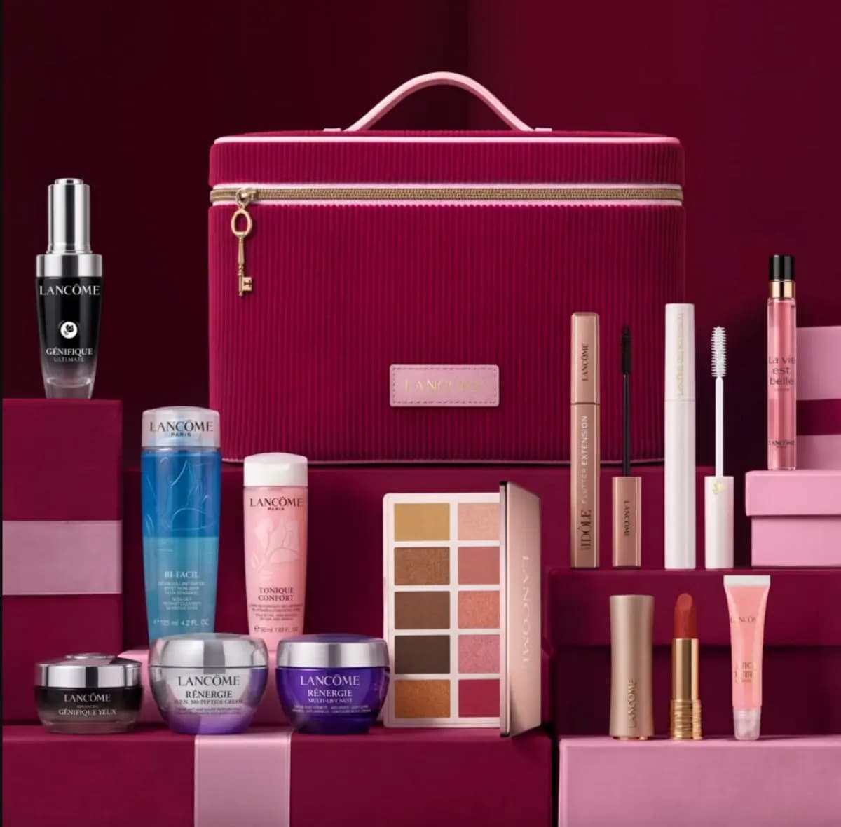 UK/EU twelve-piece Lancôme set with velvet vanity, Rénergie creams, Tonique Confort, palette, mascaras