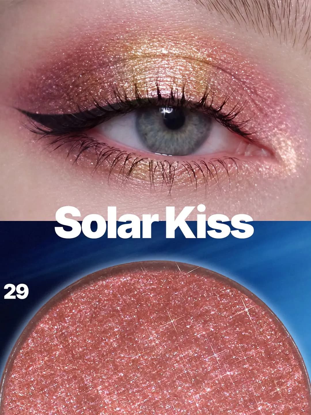 Winged-liner eye with coral and gold 029 Solar Kiss duo-chrome above a close-up of its coral-red pan