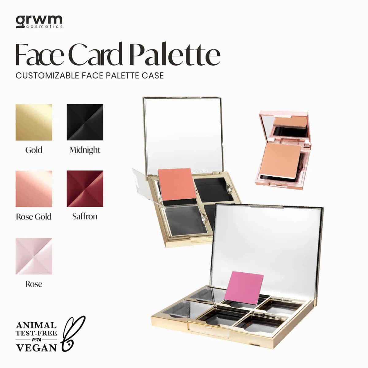 Face Card Palette colour swatches Gold, Midnight, Rose Gold, Saffron and Rose beside open cases with blush pans