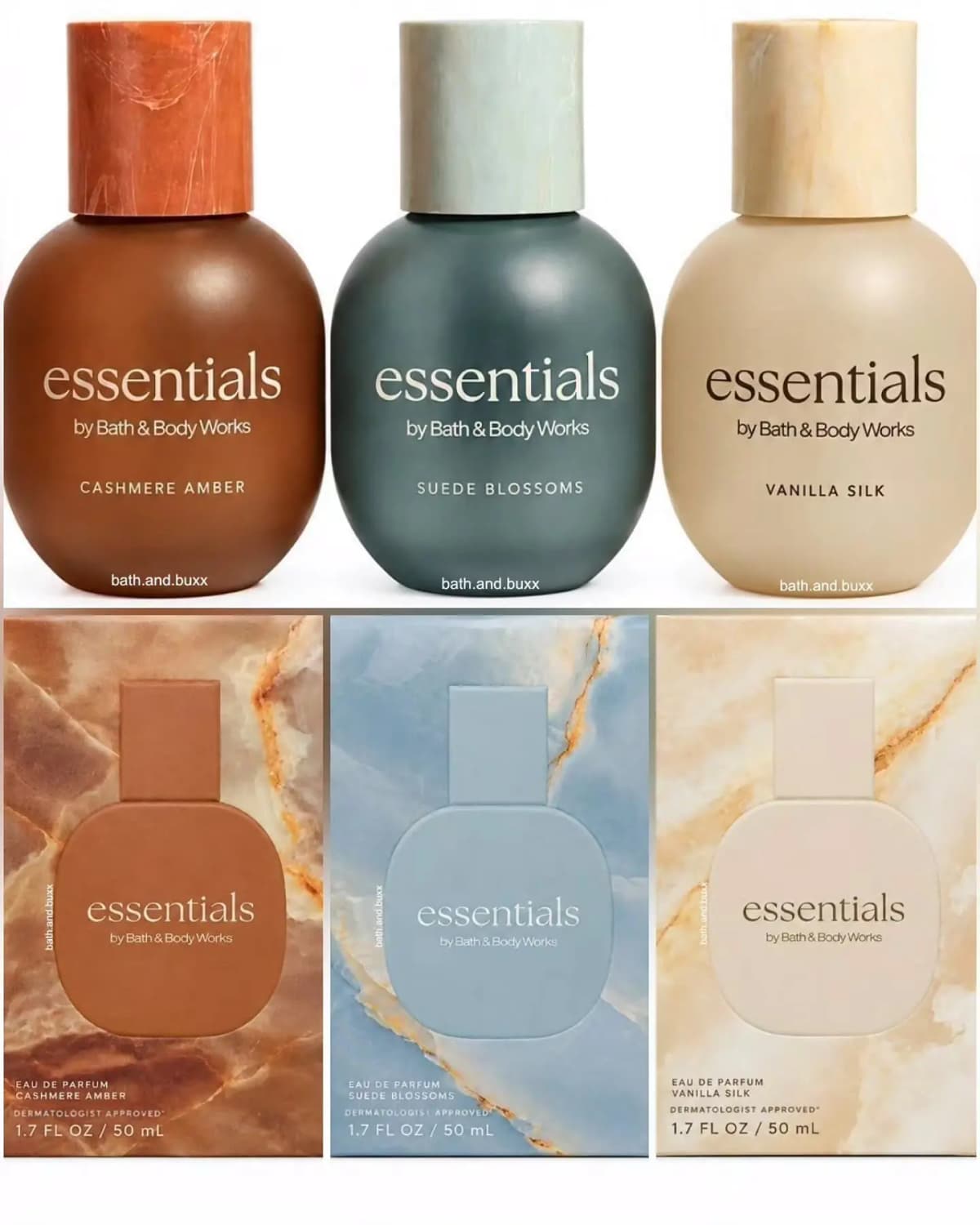 Three matte essentials by Bath & Body Works Eau de Parfum bottles in Cashmere Amber, Suede Blossoms