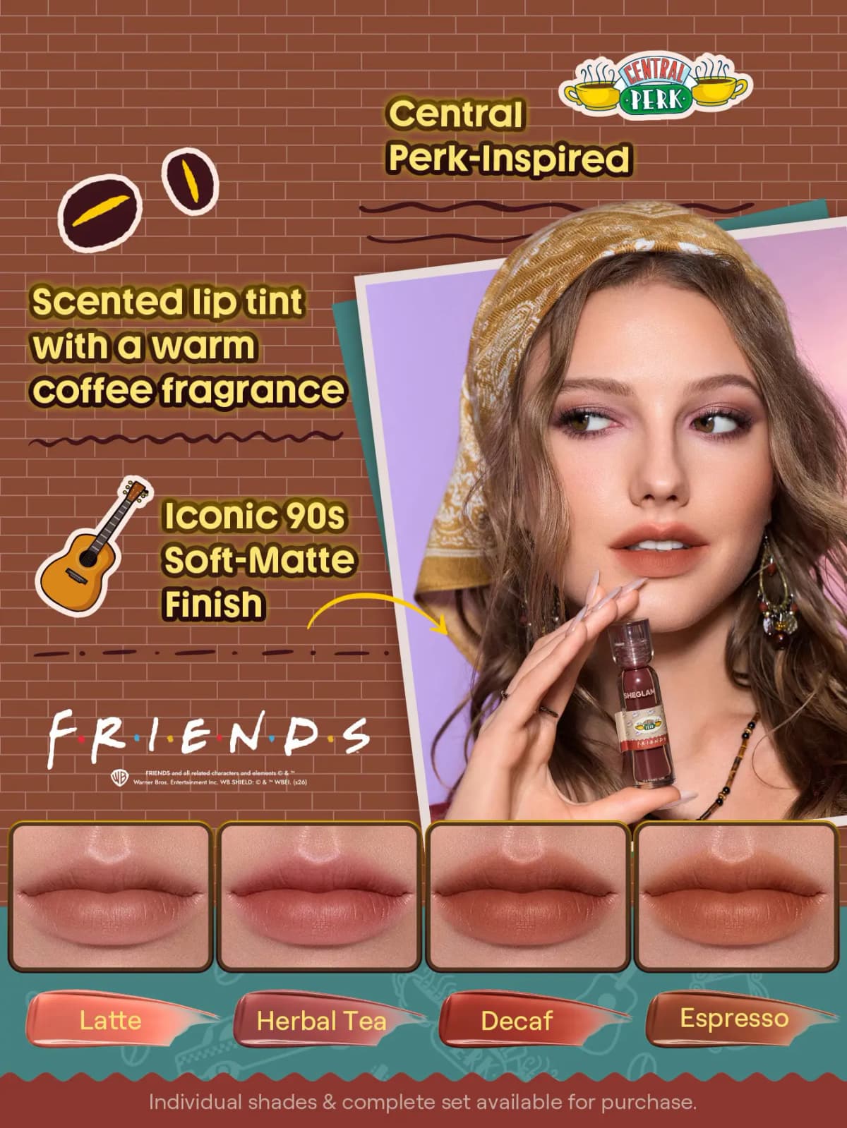 Model in a headscarf holds a Central Perk lip tint, with lip swatches in Latte, Herbal Tea, Decaf and Espresso
