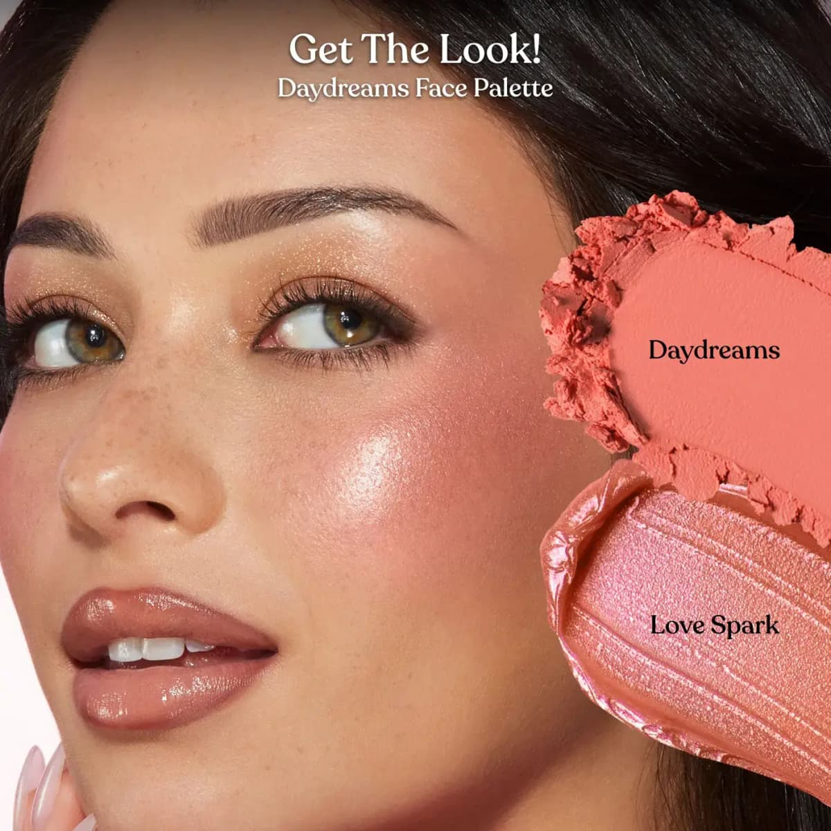 Model wearing peachy blush and highlighter with Daydreams and Love Spark product swatches beside her face.