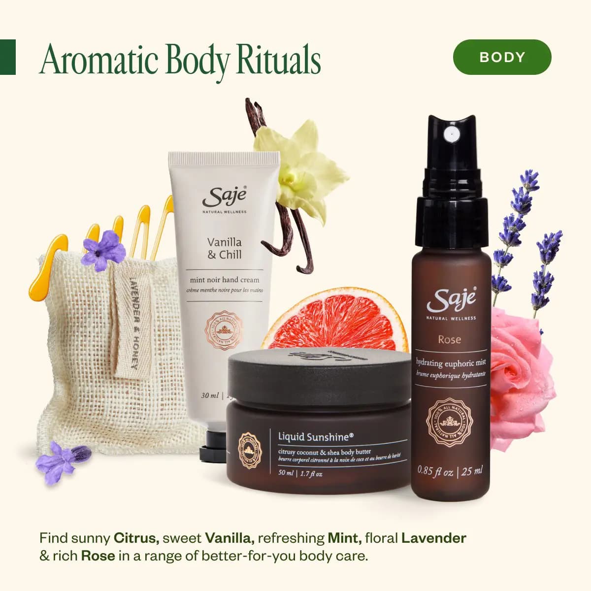 Vanilla & Chill hand cream, Liquid Sunshine body butter, Rose mist and wash pad with grapefruit, vanilla, rose and lavender