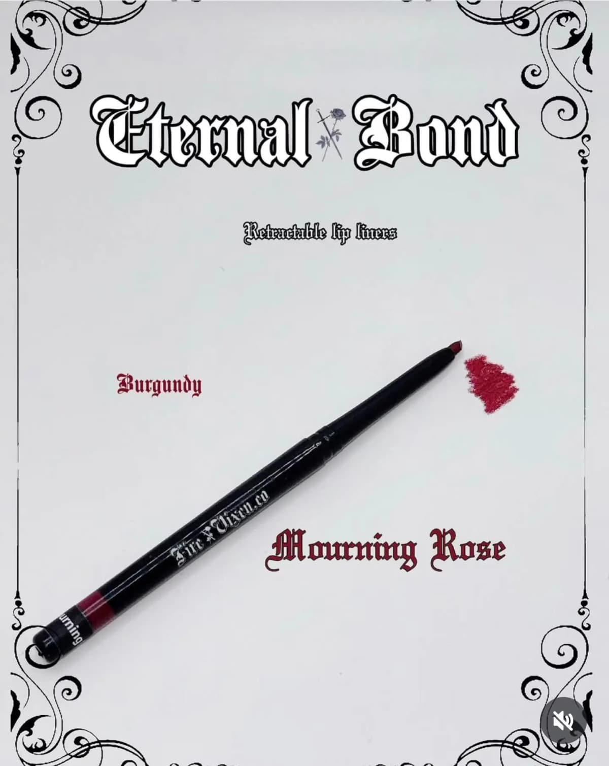 Mourning Rose retractable lip liner, a burgundy shade, shown with a red swatch on a white background