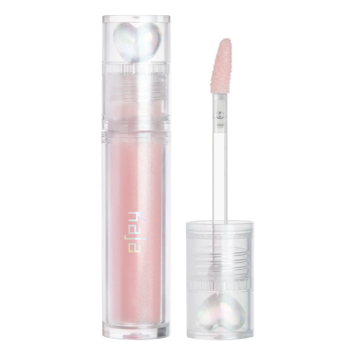 Juicy Glass Lip Gloss in a clear tube with a holographic heart cap and fuzzy pale pink doe-foot applicator.