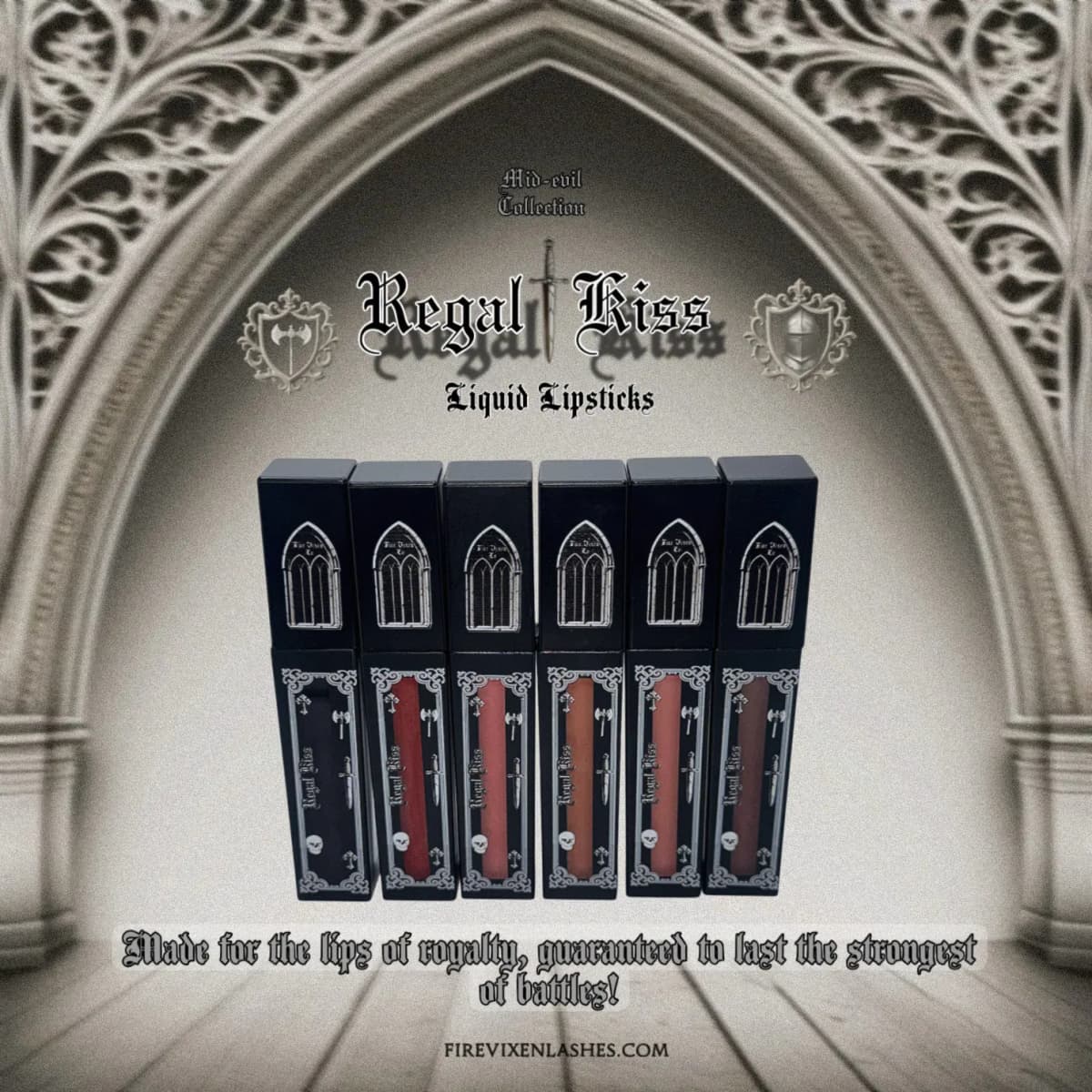 Six Regal Kiss liquid lipsticks in black gothic tubes, from black to brown, beneath a carved stone Gothic arch.