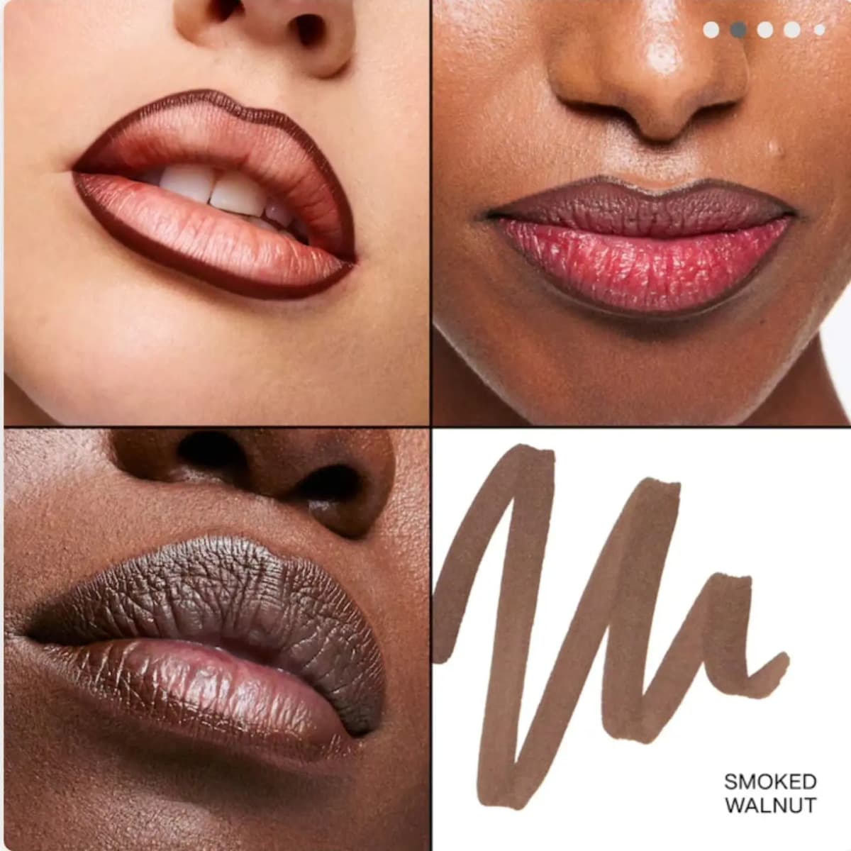 Smoked Walnut cool brown liner outlining lips on three complexions, beside a bold handwritten-style swatch