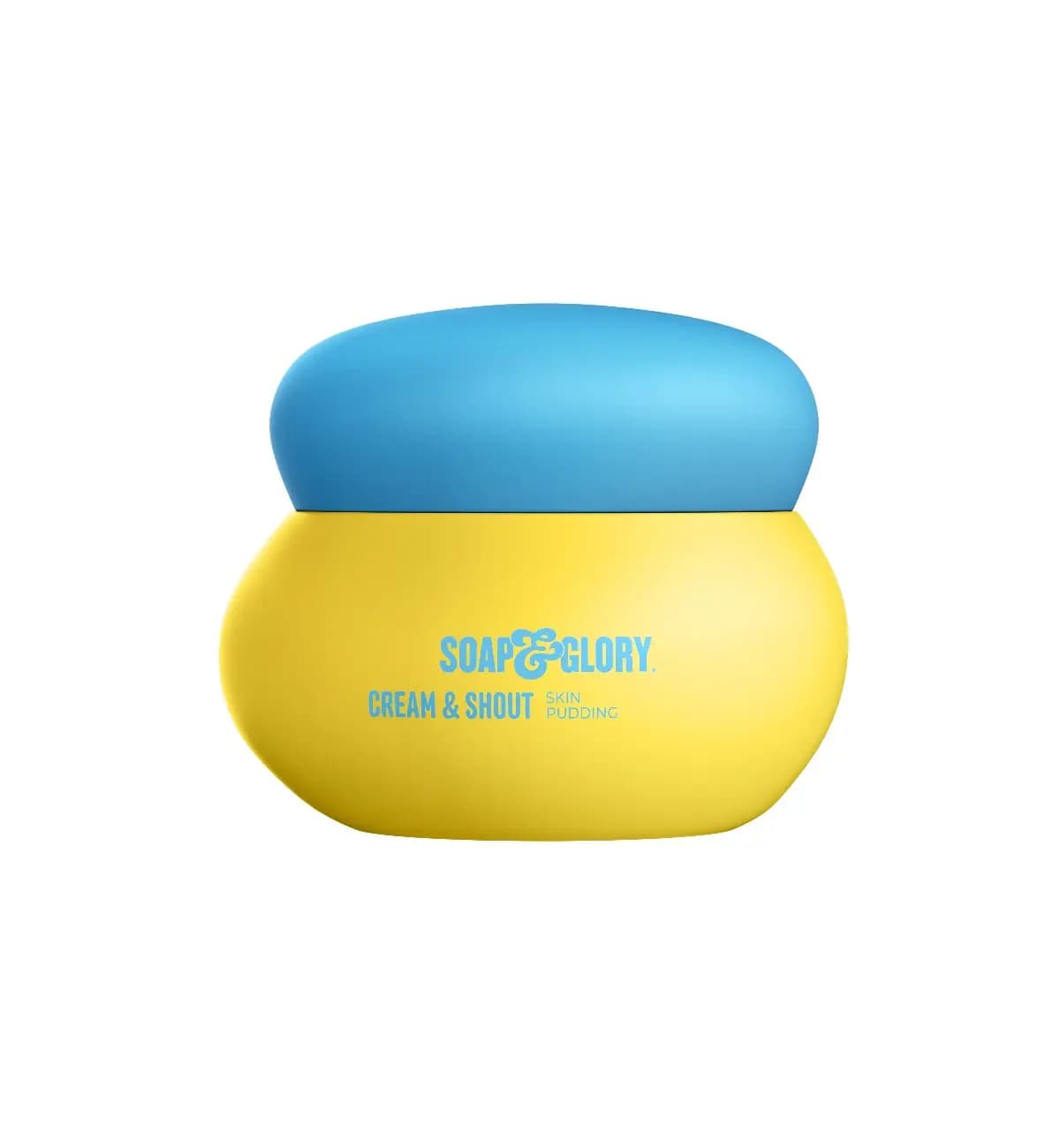 Yellow Cream & Shout Skin Pudding jar with rounded blue lid on a white background