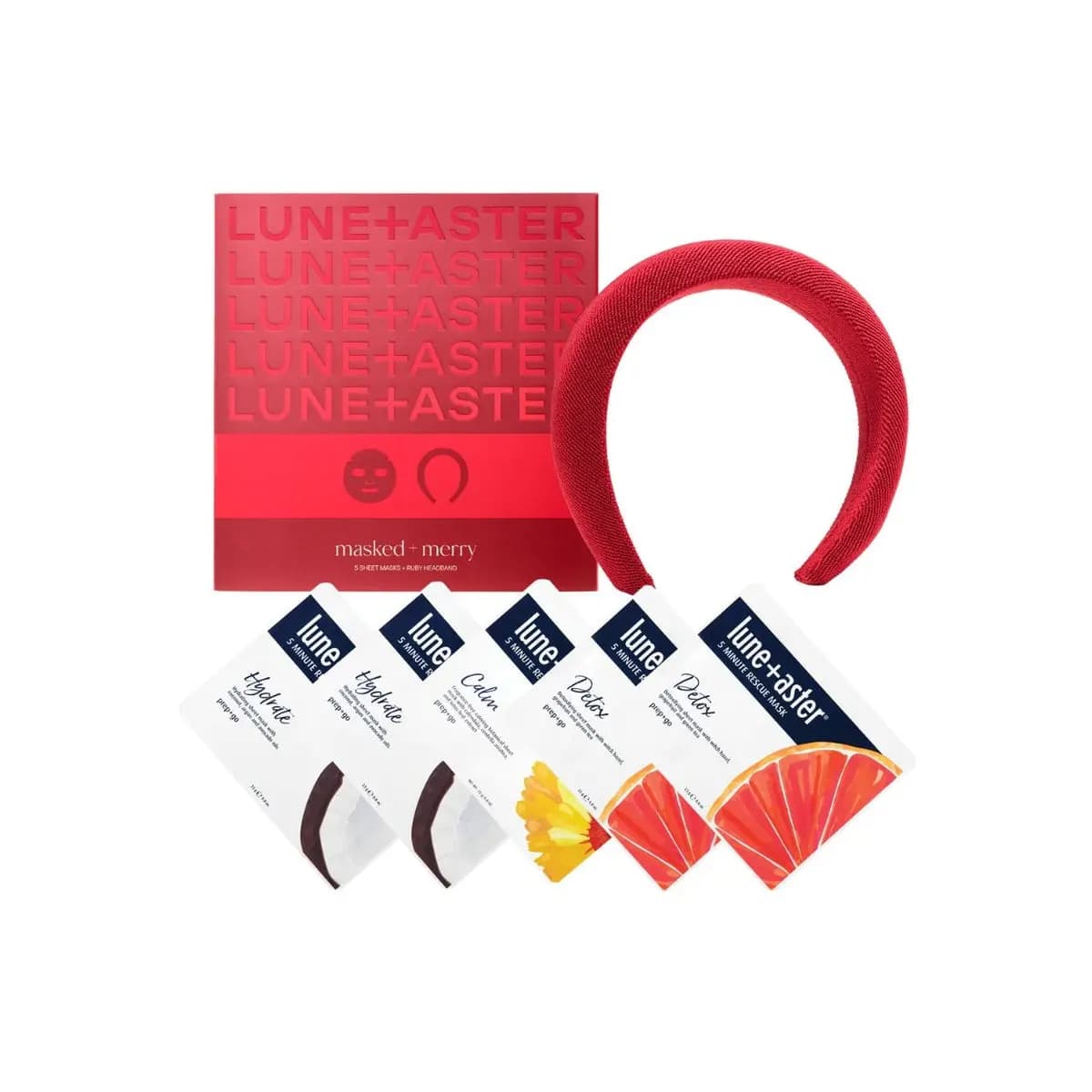 Lune+Aster masked + merry red box with padded red headband and five Hydrate, Calm and Detox sheet masks