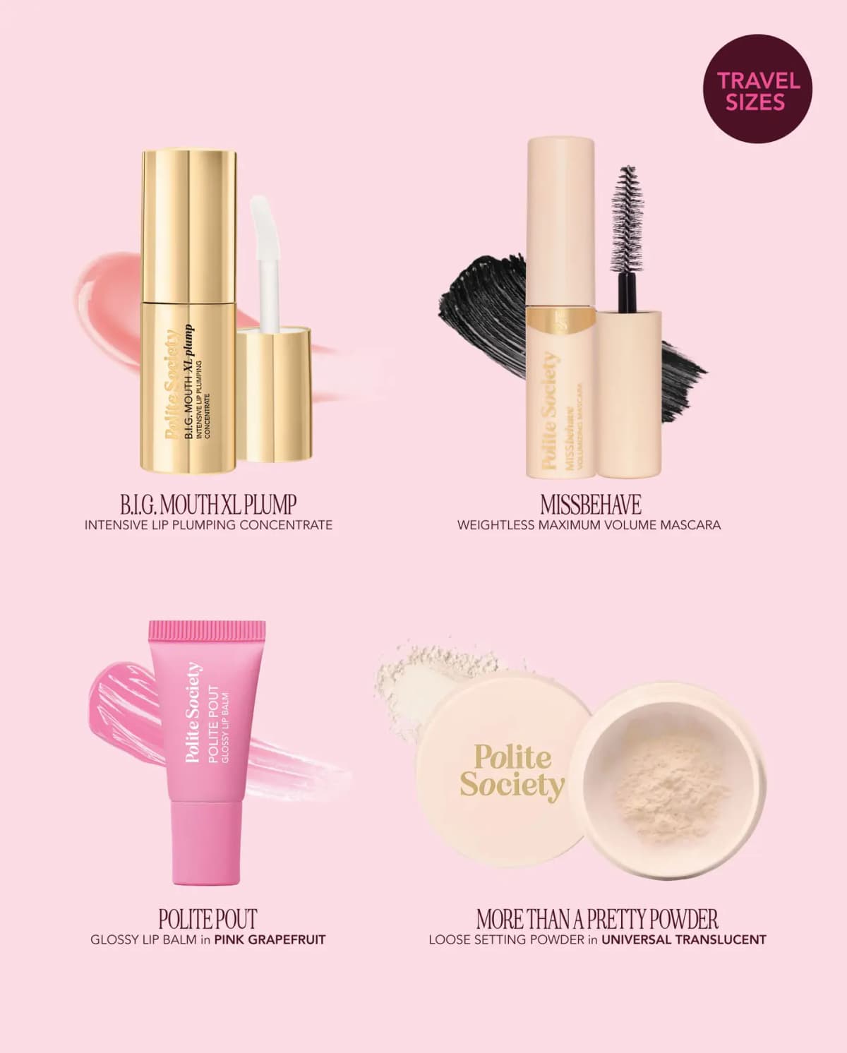 Four travel-size products laid out on pink: gold lip plumper, mascara with black swatch, pink lip balm tube