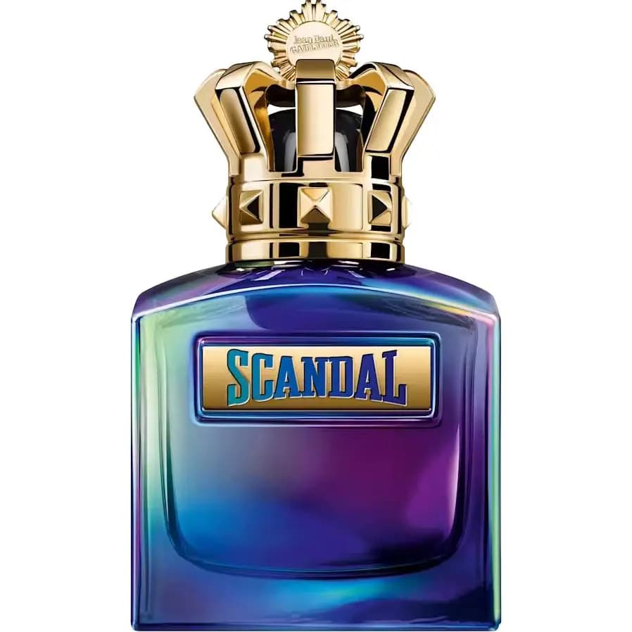 Square blue-to-purple iridescent men's bottle with gold crown cap and gold label lettered in blue