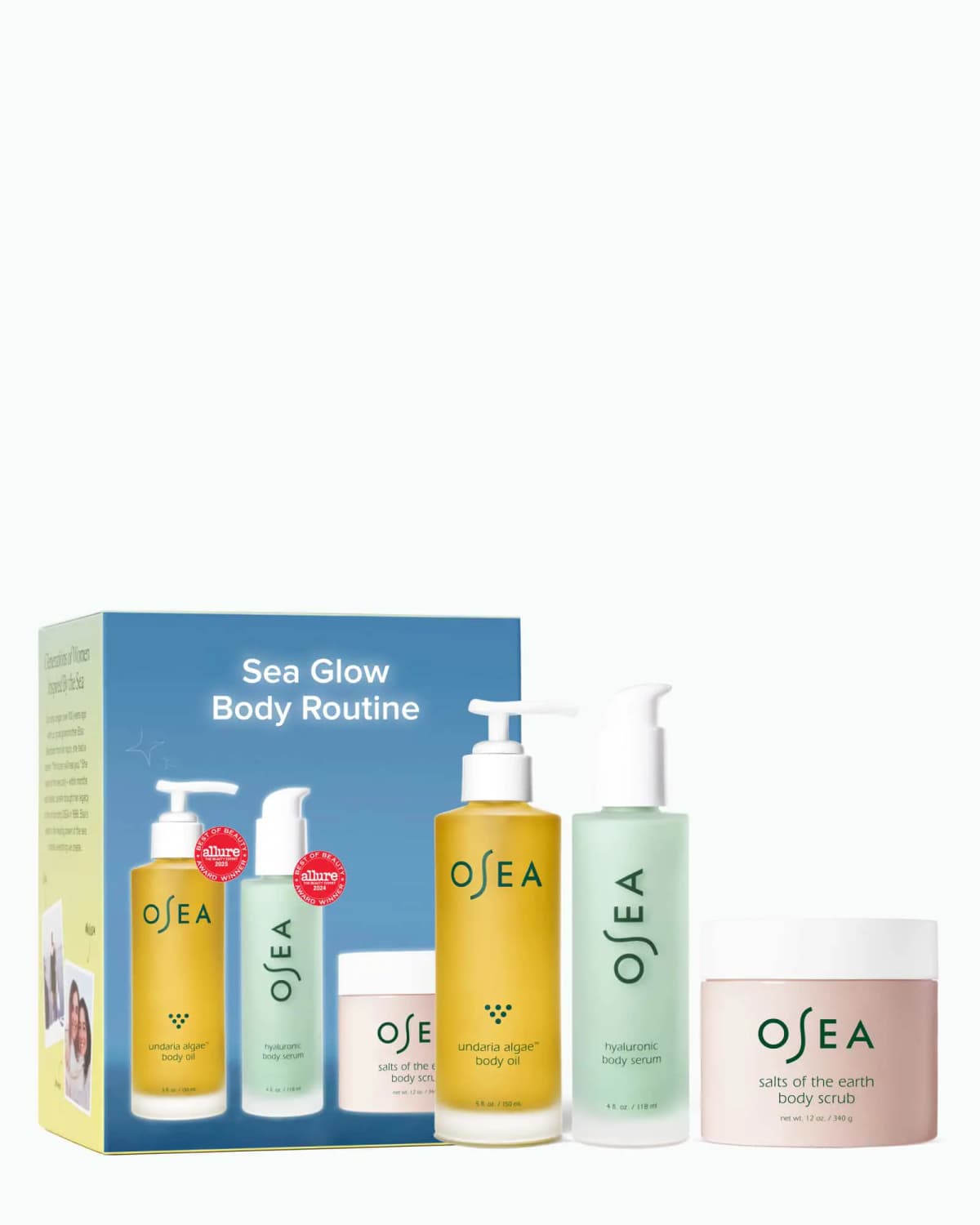 Sea Glow Body Routine box with undaria algae body oil, green hyaluronic body serum and pink body scrub jar