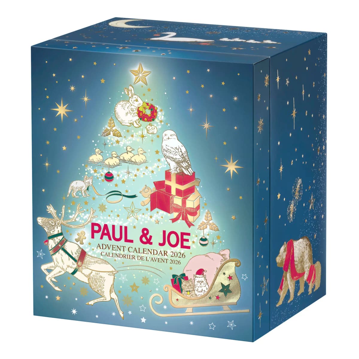 Navy Paul & Joe Advent Calendar 2026 box with gold stars, a glowing tree of white animals, reindeer and sleigh