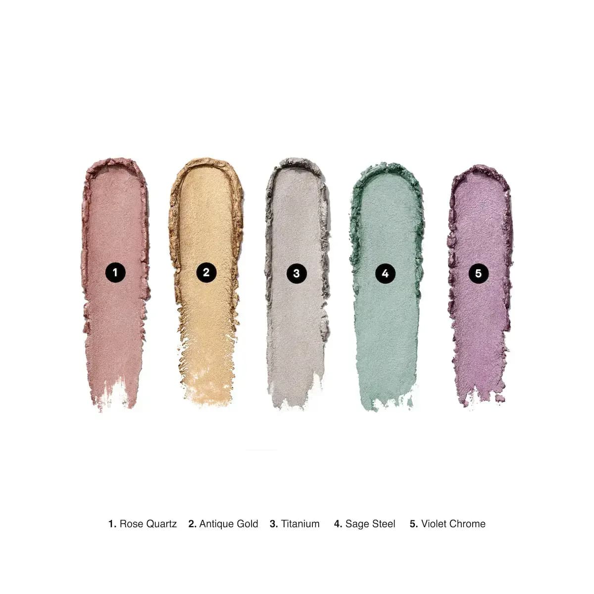 Swatches of Rose Quartz, Antique Gold, Titanium, Sage Steel and Violet Chrome shadow sticks on a white background.