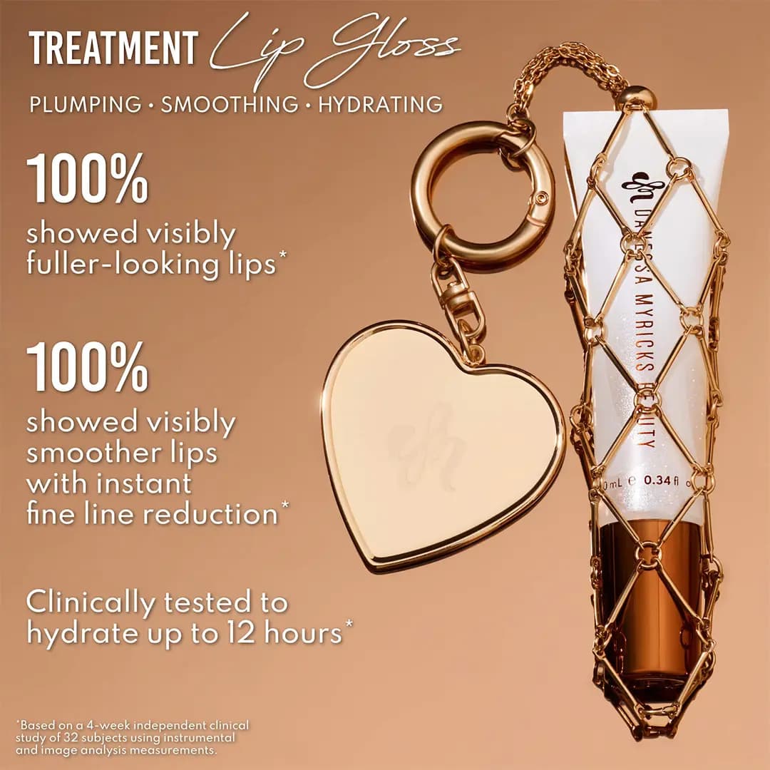 Gold heart mirror keychain and caged gloss tube on a tan background with plumping and smoothing claim text