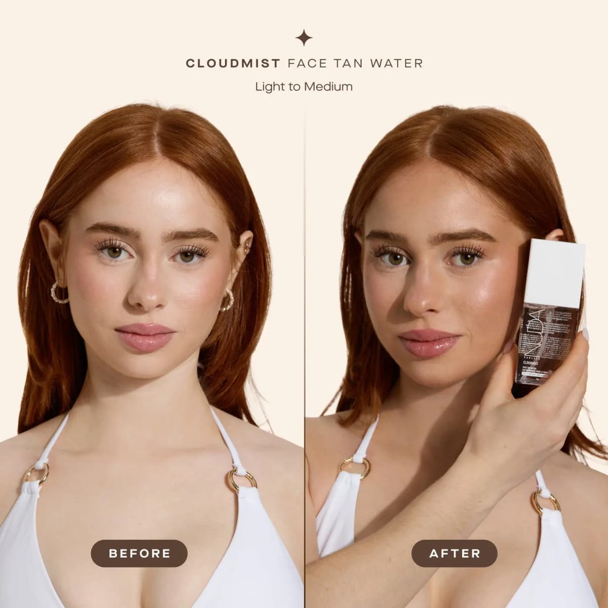 Before and after of a red-haired model's face showing a warmer glow from CloudMist Face Tan Water, Light to Medium.
