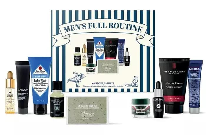Men's Full Routine Set in a navy-striped box with Jack Black, Kiehl's Facial Fuel, The Art of Shaving and Proraso minis