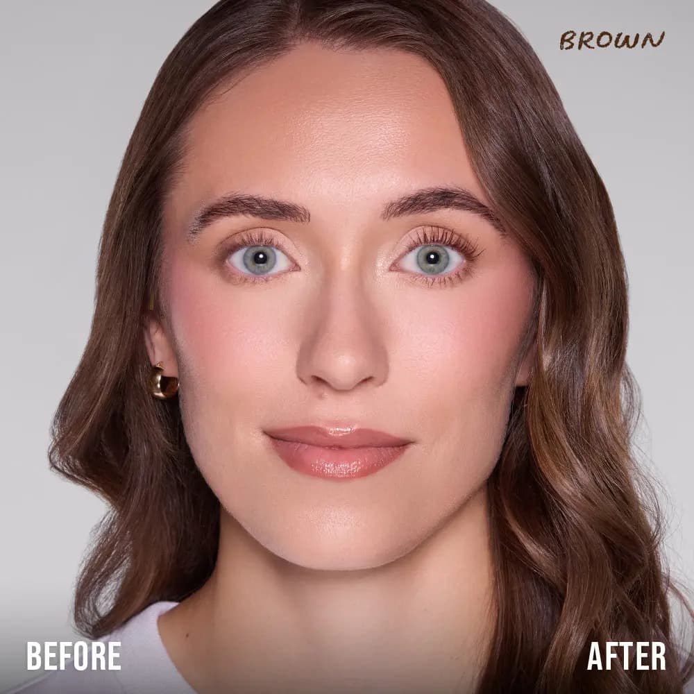 Before-and-after of a model with green eyes and wavy brown hair wearing the Brown shade