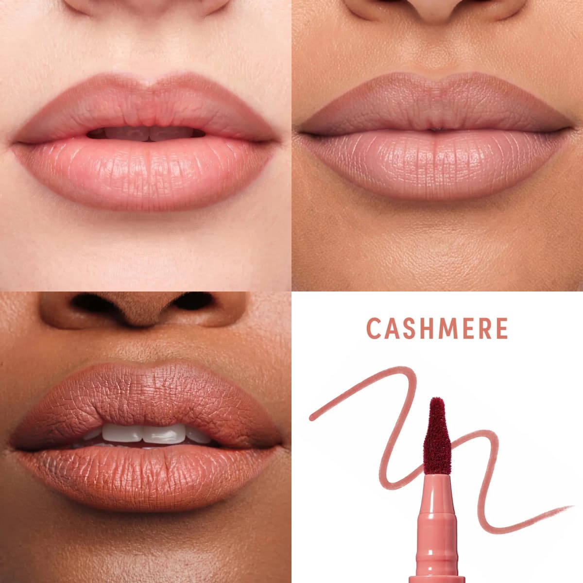 Cashmere shade swatched on lips of three skin tones beside a squiggle swatch and the marker's burgundy tip