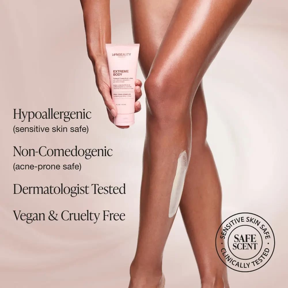 Model holding the pink tube with lotion streaked on her shin, beside hypoallergenic, vegan and Safe Scent badge claims