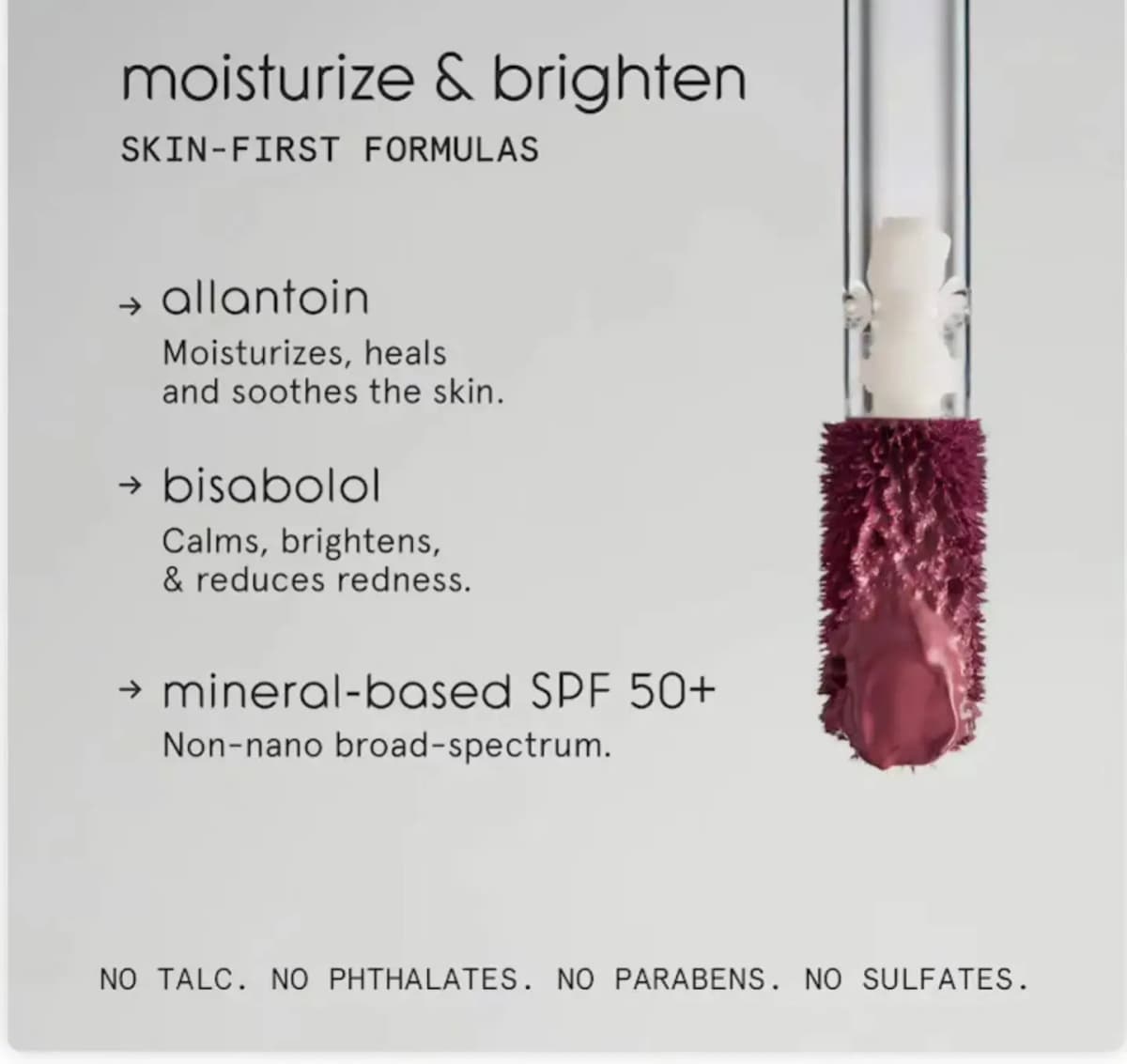 Spiky plum blush applicator in a clear tube beside text on allantoin, bisabolol and mineral-based SPF 50+