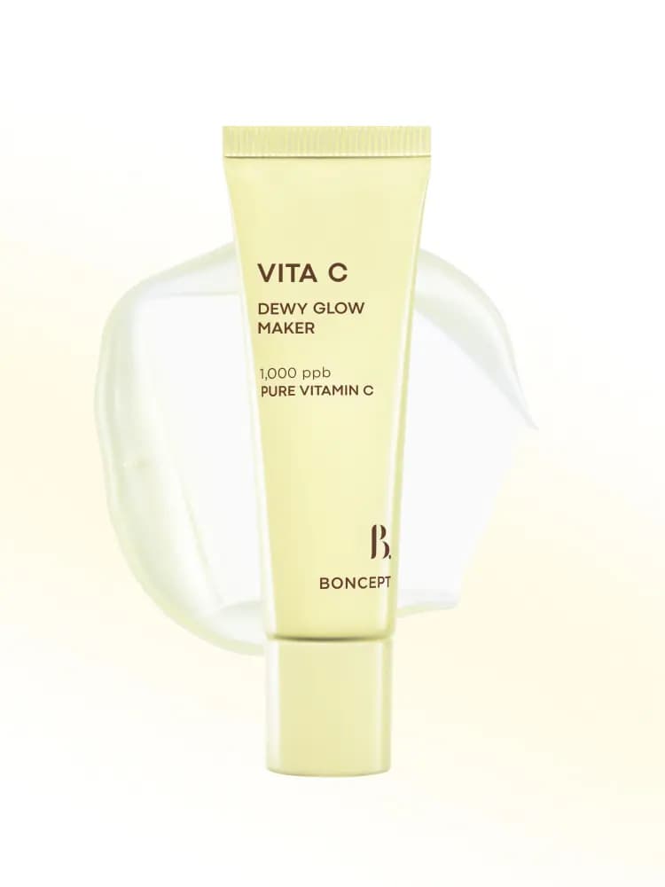 Pale yellow Vita C Dewy Glow Maker tube, 1,000 ppb pure vitamin C, with a translucent glowy swatch
