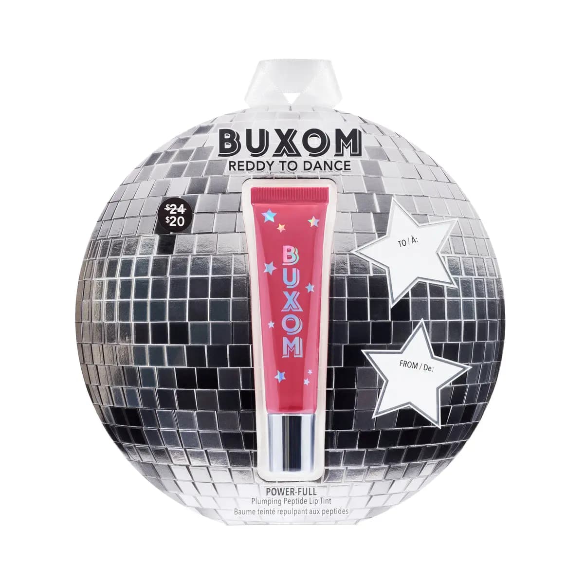 Disco-ball ornament packaging holding a red BUXOM Reddy to Dance Power-Full Plumping Peptide Lip Tint with gift tag
