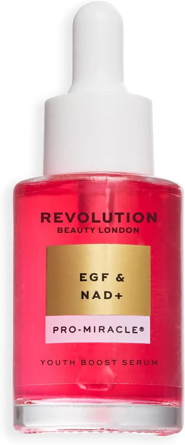 Pink EGF & NAD+ Youth Boost Serum dropper bottle with gold and lilac label