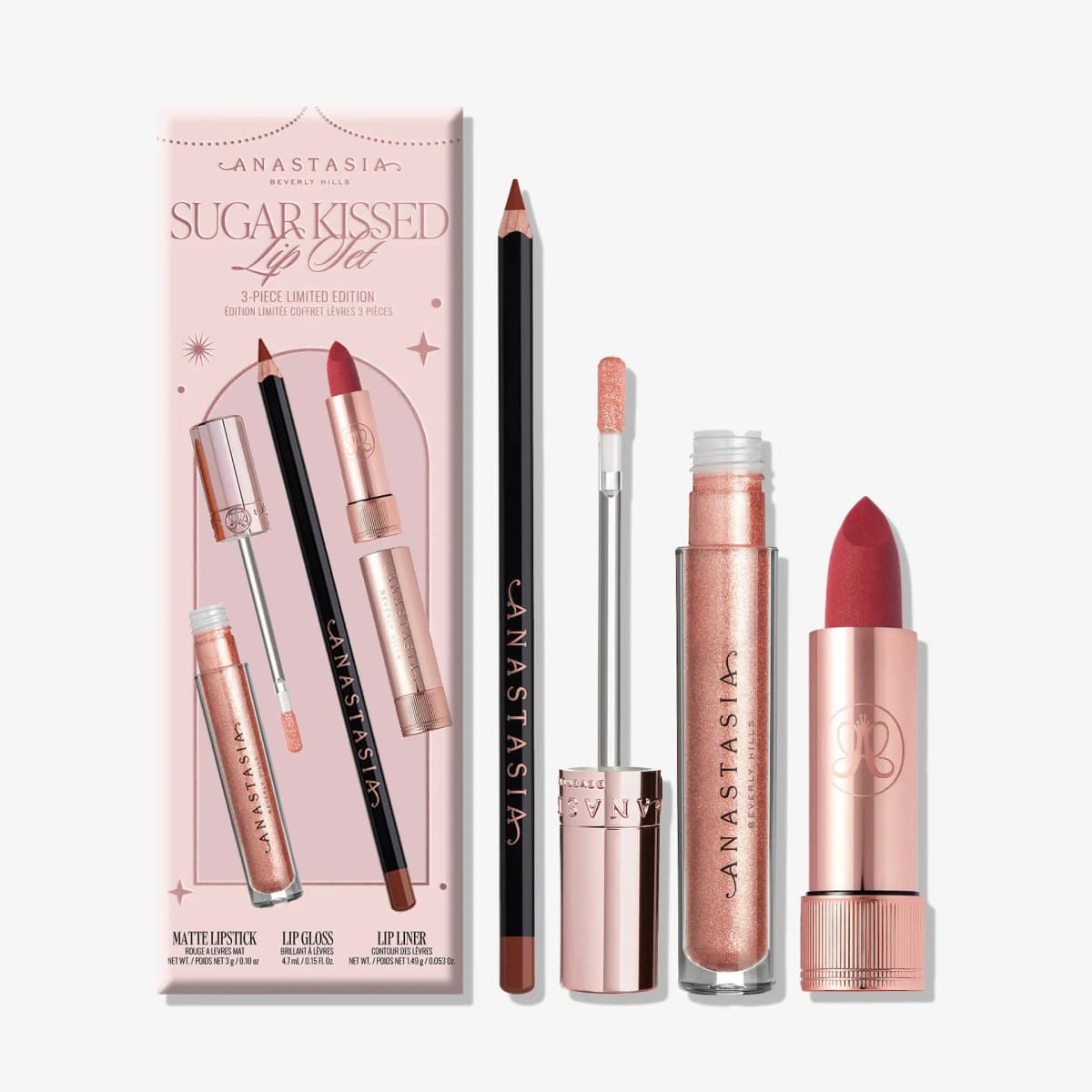 Sugar Kissed Lip Set with brown liner, sparkly peach glitter gloss and matte berry-pink lipstick