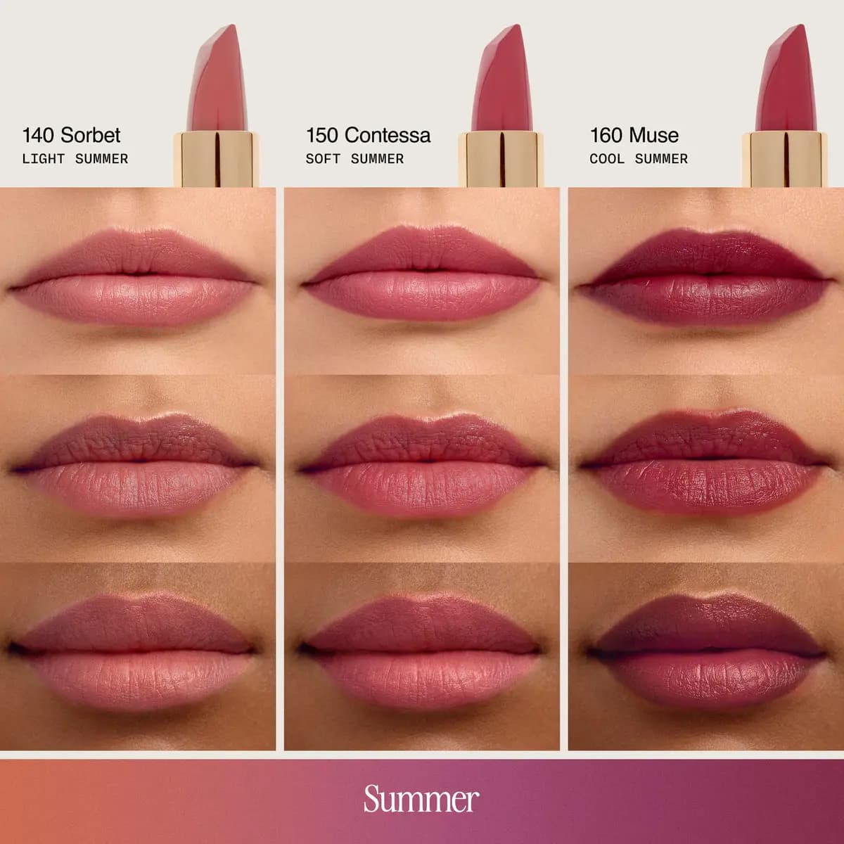 Sorbet, Contessa and Muse lipsticks for Summer types swatched on lips across three skin tones