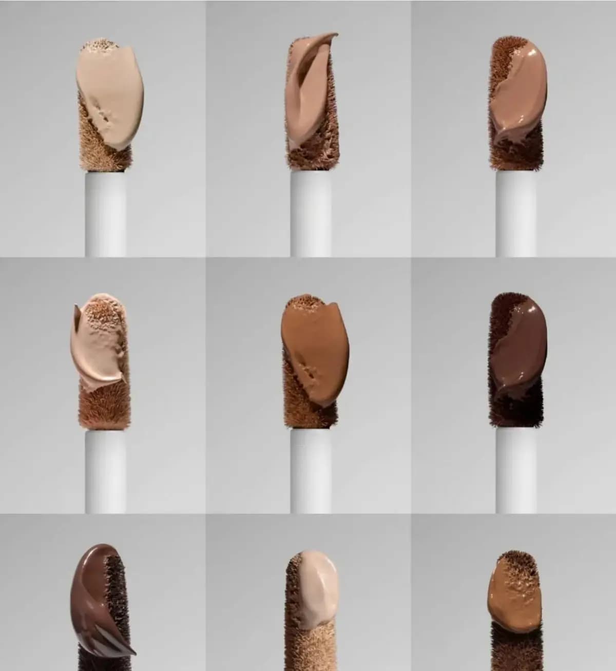 Grid of nine doe-foot applicators with creamy swatches ranging from fair to deep brown