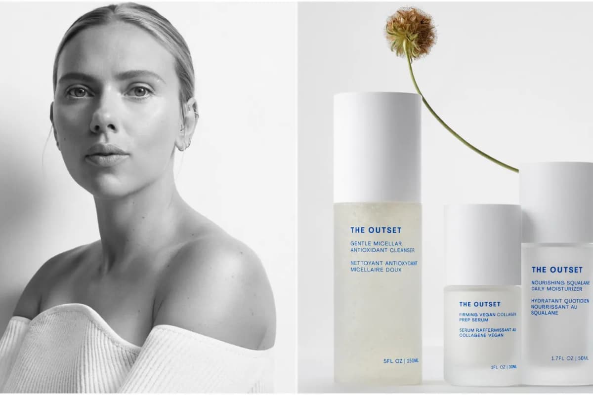 B&W portrait of a woman in an off-shoulder knit beside The Outset cleanser, serum and moisturizer with a dried flower
