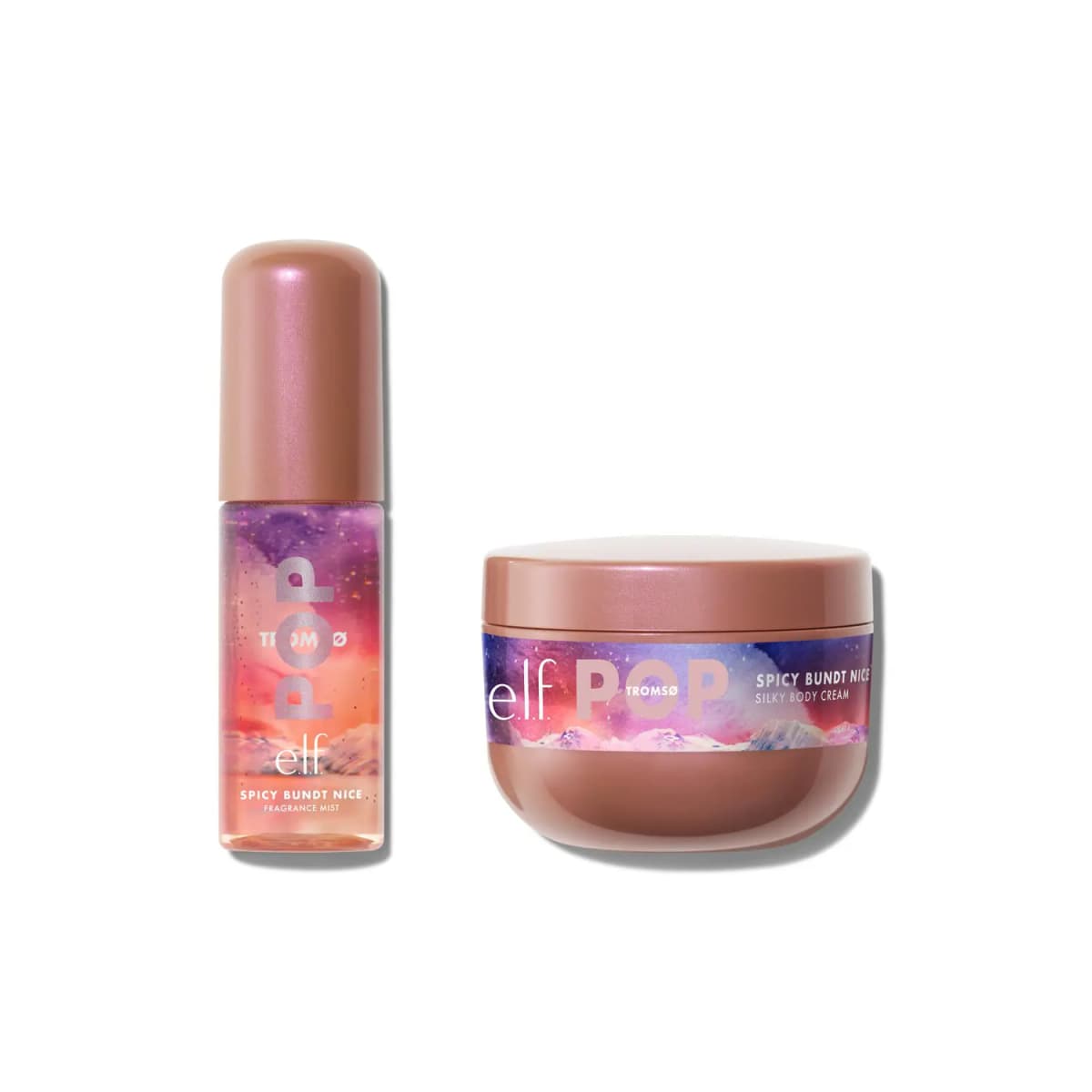 Capped e.l.f. POP Spicy Bundt Nice Fragrance Mist and Silky Body Cream jar side by side on a white background.