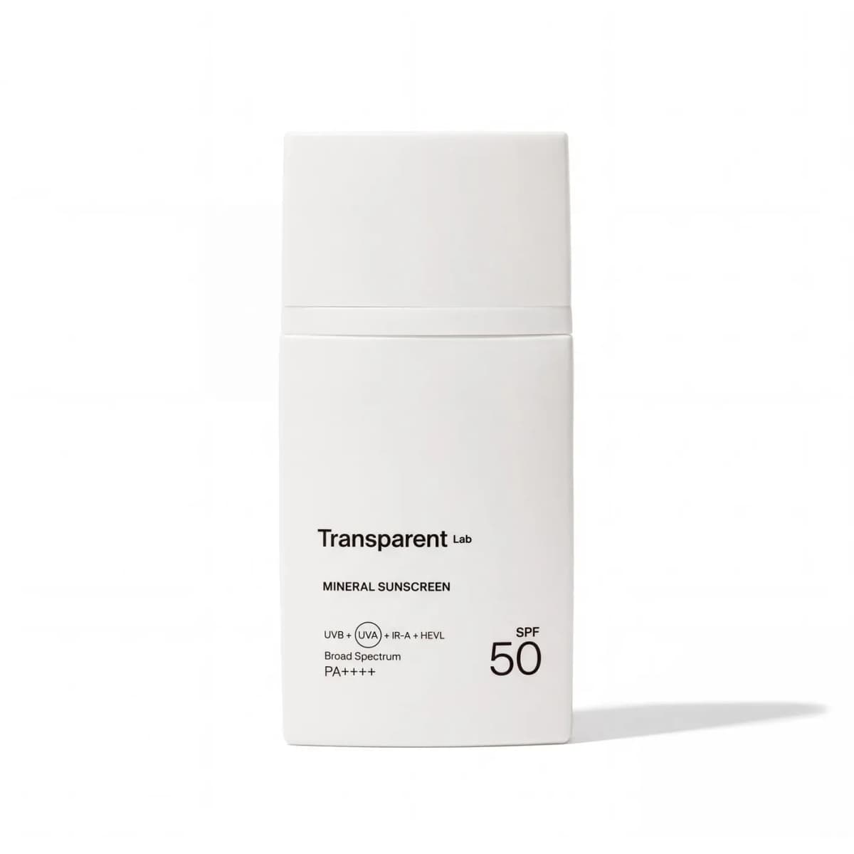 White rectangular pump bottle of Transparent Lab Mineral Sunscreen SPF 50 broad spectrum PA++++